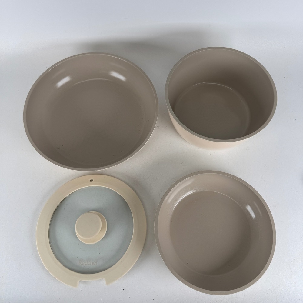 Redchef Ceramic Nonstick Cookware Set 4 Piece Cream Tan Frying Pans Saucepan Lid